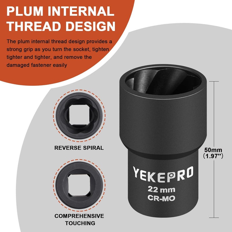 YEKEPRO 22mm 1/2" Drive Lug Nut Remover for Damaged, Rusted, Nuts & Screws, Twist Socket, 1 Piece - Image 2